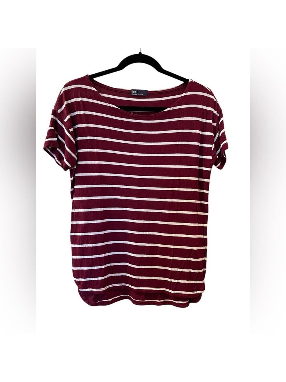 Gap Women’s Boat Neck T-Shirt Round Hem Striped Tee Top Stretch Burgundy Small